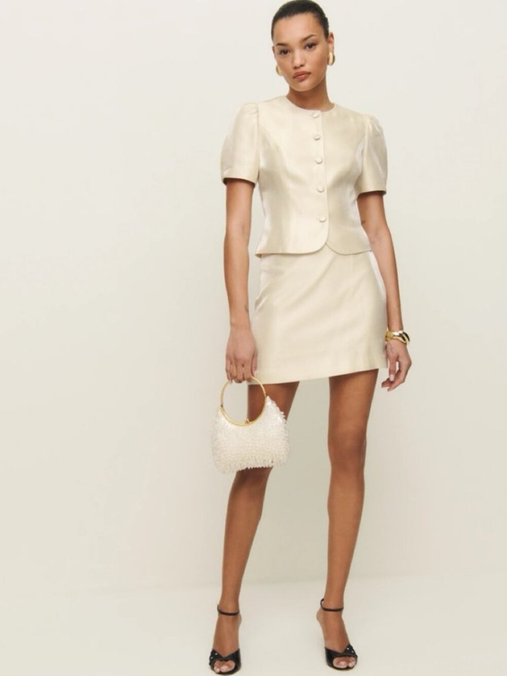 NWOT Reformation Mika Two Piece in Cream Short Sleeve Top Mini Skirt Size 0 - Picture 2 of 10
